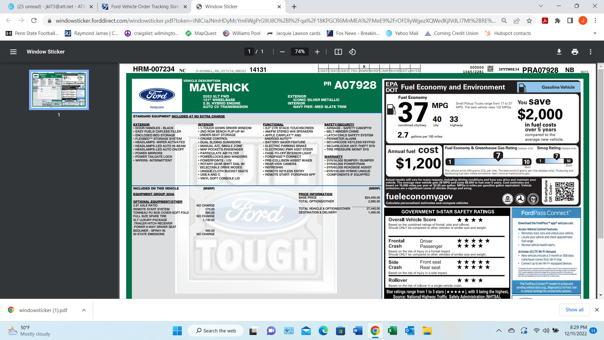 Ford Maverick 2023 Maverick Hybrid Window Sticker Shows Lower MPG Than 2022 Model (city mileage went from 42 to 40 MPG) 1670810378036