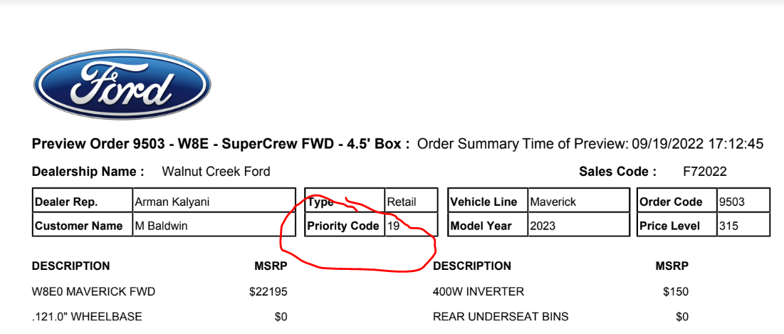 Ford Maverick Where to find my order priority number?? 1674078507238