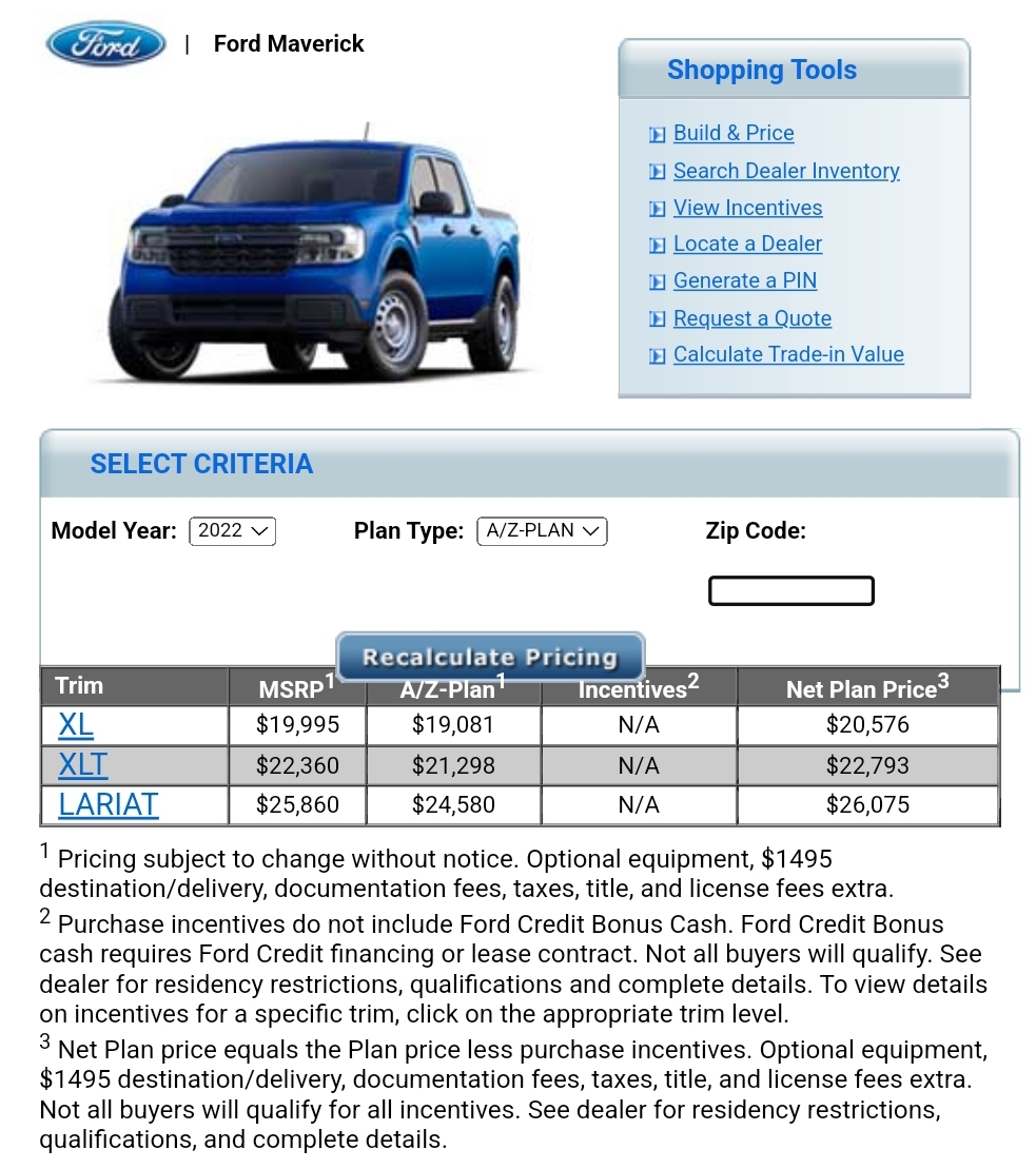 A/Z Plan Price Discount 2022+ Ford Maverick
