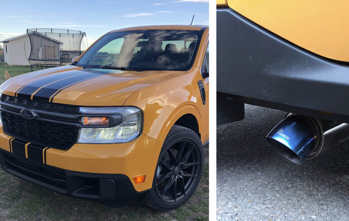Cyber Orange "Marigold" Maverick build w/ side exit exhaust, CAI, 20" wheels, stripes