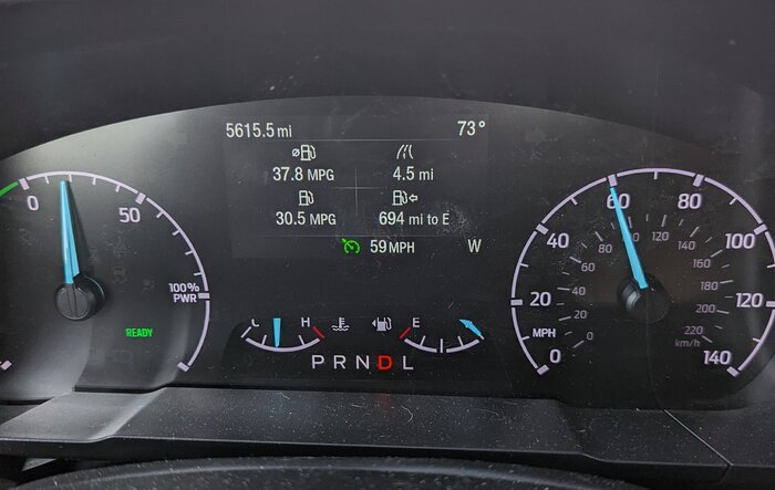 2022 Hybrid Maverick on cross country trip. Got 698.5 miles on a full tank of gas