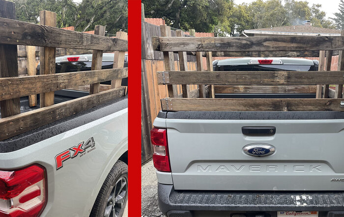 Maverick with home made wood bed crate / container rack.