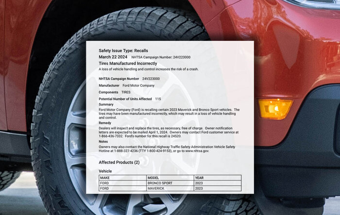 TIRES Recall (Michelin 18” Primacy) for Model Year 2023 Maverick (issued 3/22/24, vehicles affected: 115)