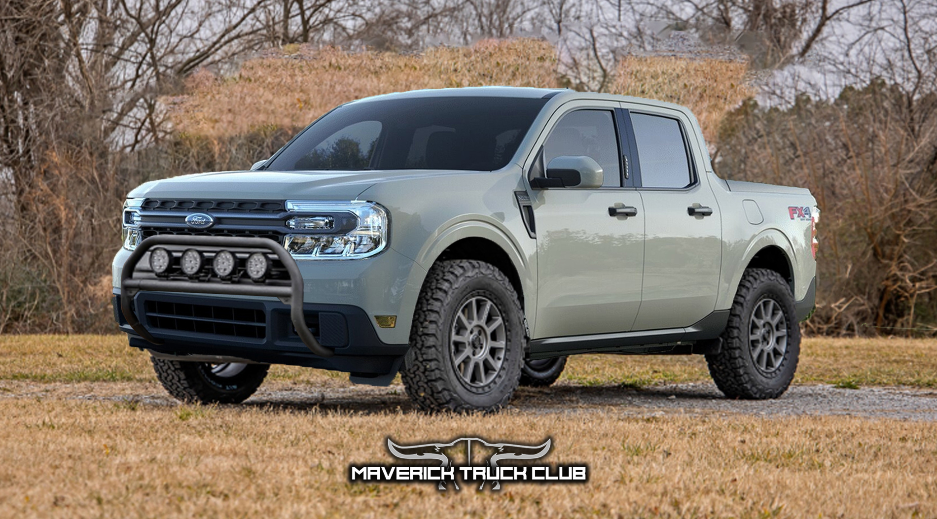 Maverick with bull bar, lift kit, larger tires and wheels (rendering