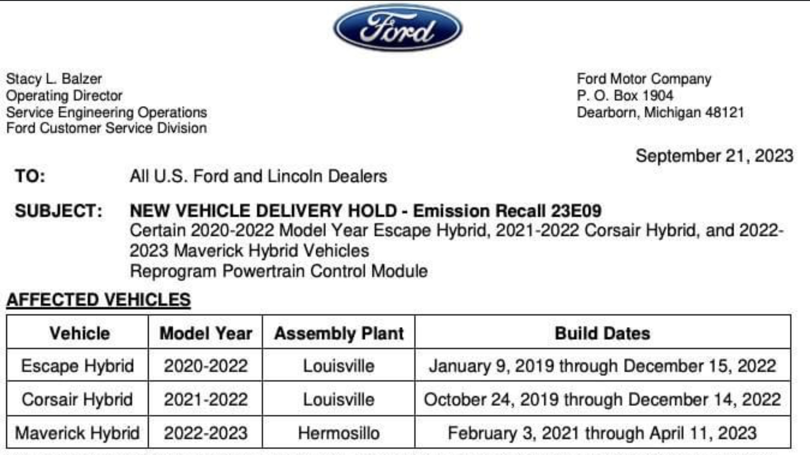 2023 Maverick Emissions Recall 23E09 (Air/Fuel Enrichment Calibration