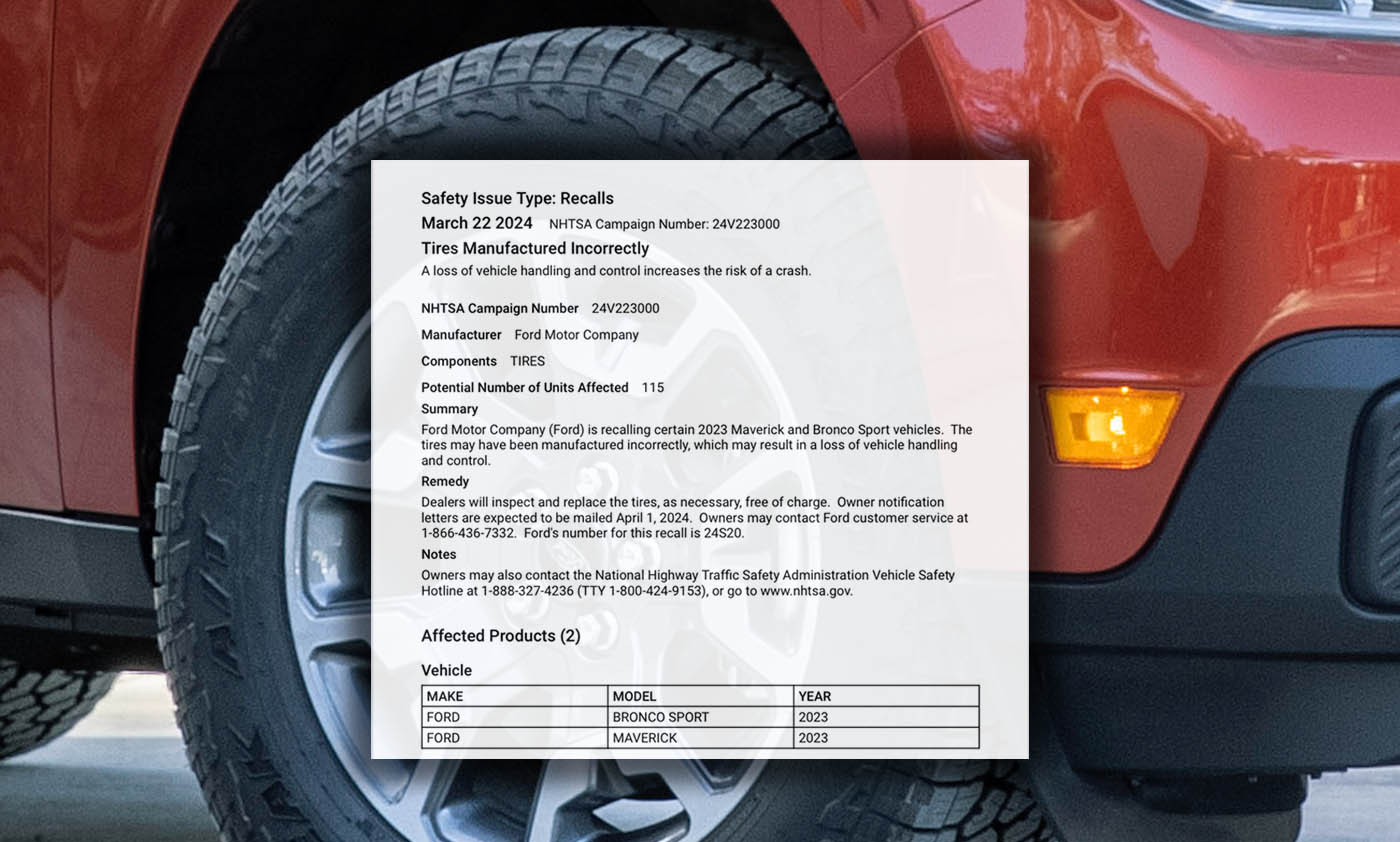 TIRES Recall (Michelin 18” Primacy) for Model Year 2023 Maverick